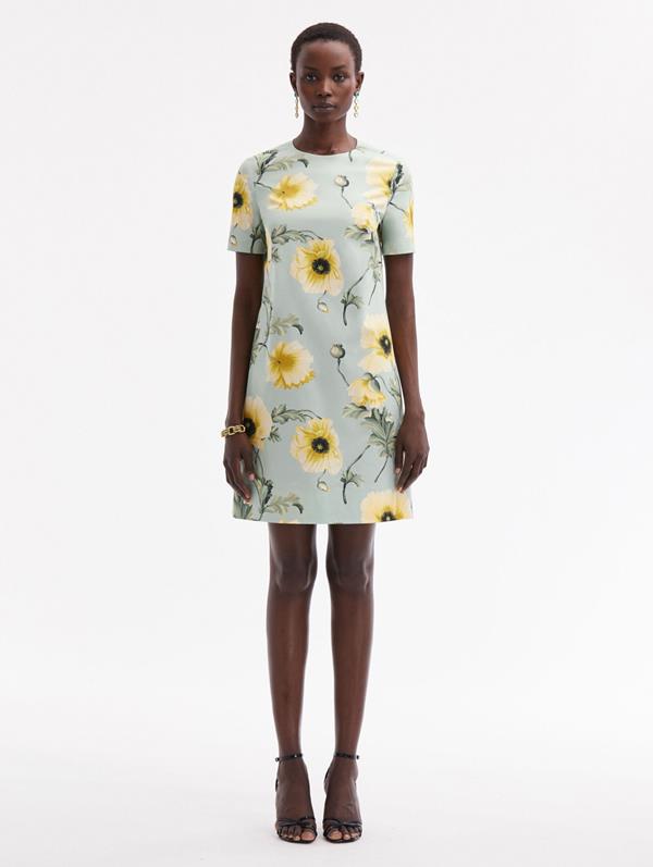 Shop Oscar De La Renta Poppy Cotton Poplin Shift Dress In Sage/yellow