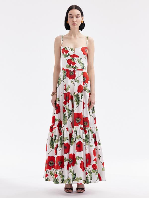 Shop Oscar De La Renta Poppy Cotton Poplin Tiered Maxi Dress In White/red