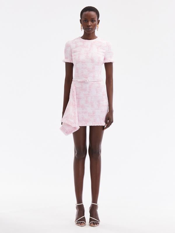 Shop Oscar De La Renta Textured Tweed Draped Dress In White/pink