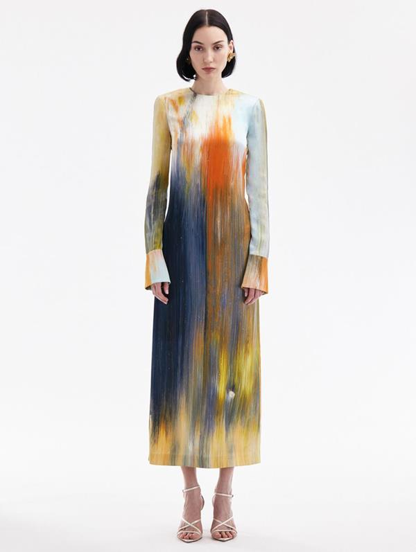 Oscar De La Renta Abstract-printed Midi Dress In Calendula Multi
