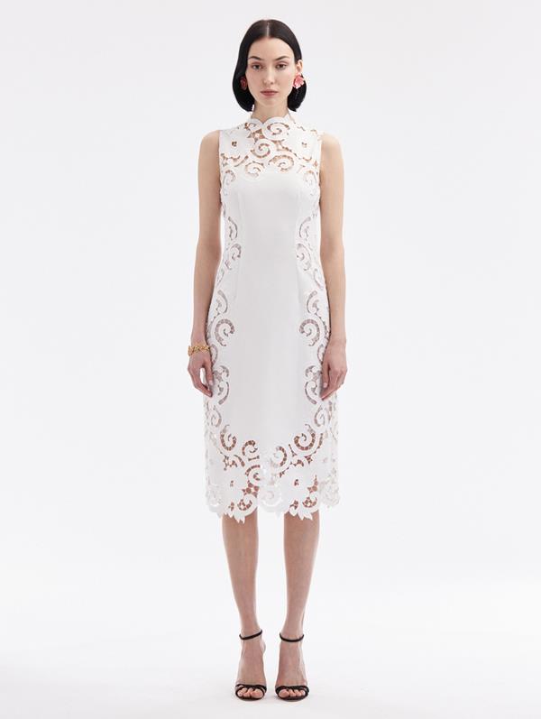 Oscar De La Renta Floral Guipure Pencil Dress In White