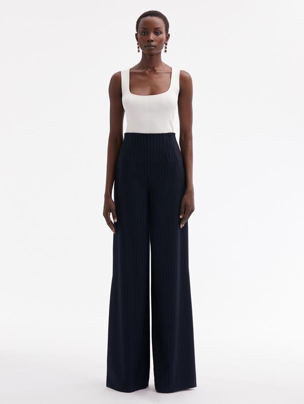 Shop Oscar De La Renta Pinstriped Wide Leg Pant In Navy/white