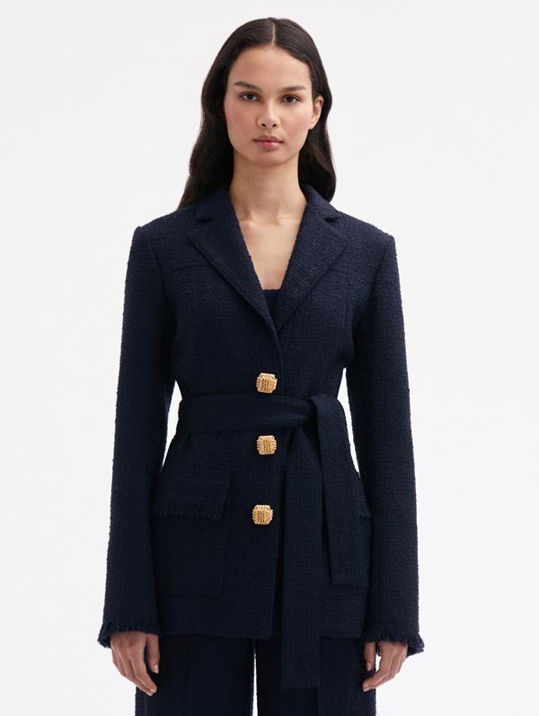 Shop Oscar De La Renta Self-sash Tweed Jacket In Navy