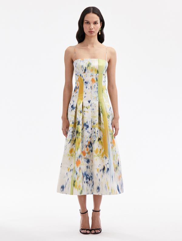 Shop Oscar De La Renta Abstract Brushstroke Satin Dress In Calendula Multi