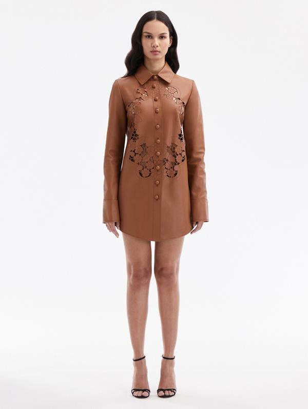 Oscar De La Renta Laser-cut Floral Leather Shirt Dress In Brown