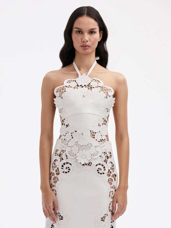 Oscar De La Renta Laser Cut Floral Leather Halter Top In White