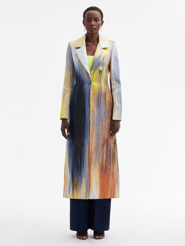 Oscar De La Renta Abstract Brushstroke Jacquard Coat In Calendula Multi