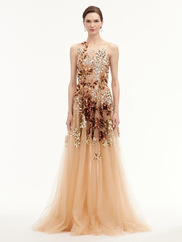 Shop Oscar De La Renta Ombré Sequin Peony Gown In Bronze