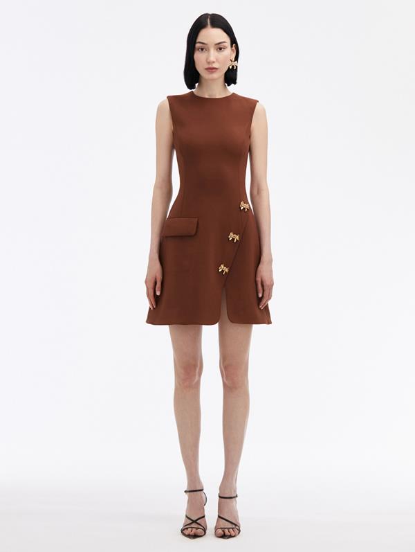 Shop Oscar De La Renta Bow Button Split Skirt Dress In Cocoa