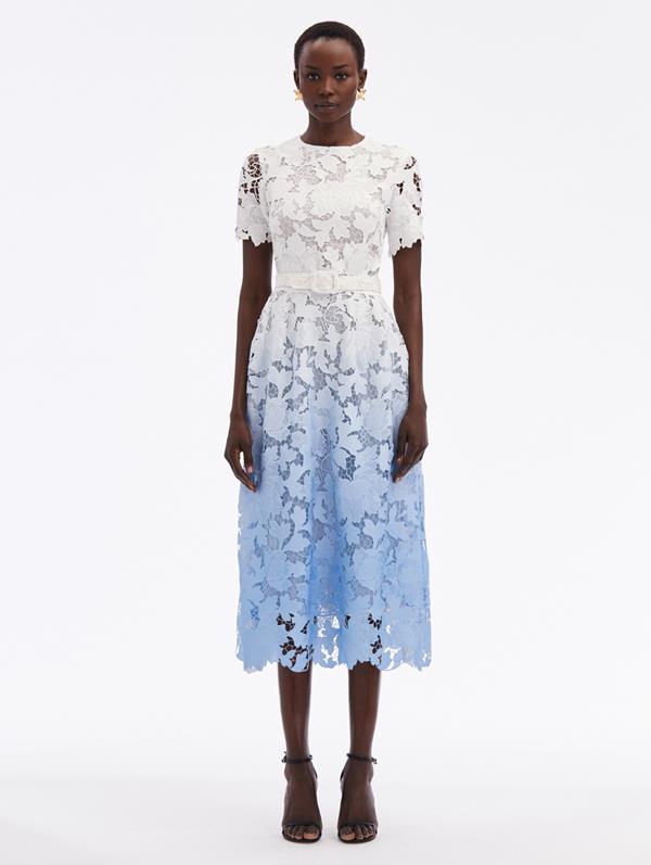 OSCAR DE LA RENTA OMBRÉ PEONY GUIPURE DRESS 