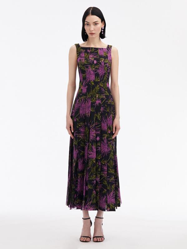Shop Oscar De La Renta Chrysanthemum Chiffon Inset Dress In Purple/navy