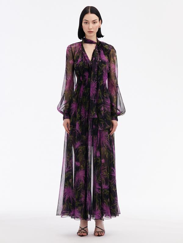 Oscar De La Renta Chrysanthemum Chiffon Maxi Dress In Purple