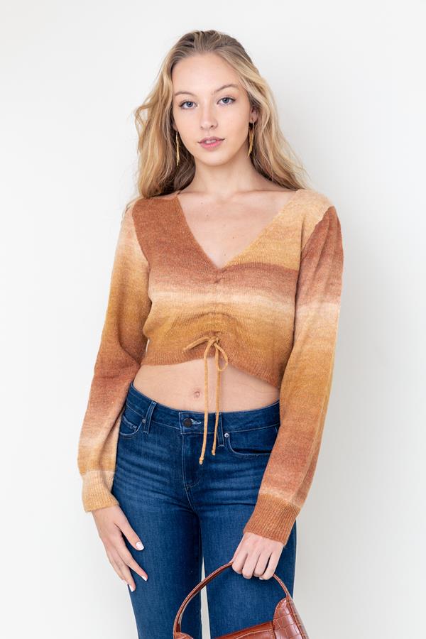 Ombre Tie Front V-neck Sweater