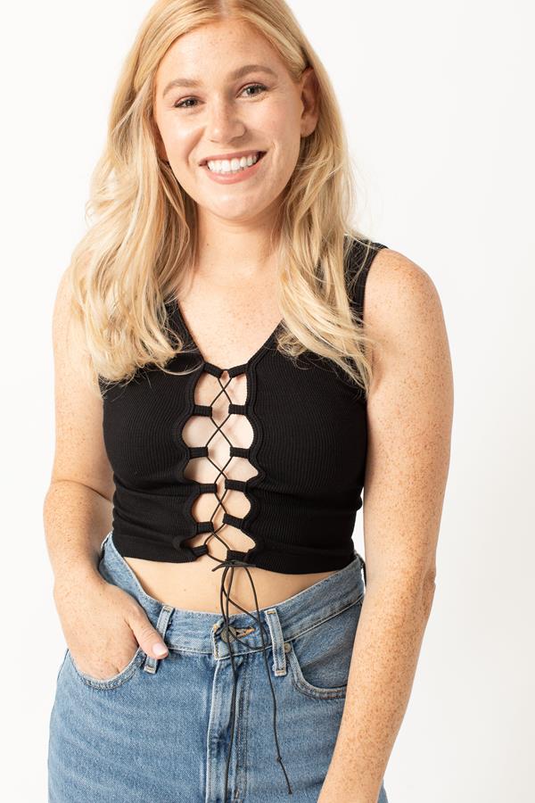 Ribbed Lace Up Bungee Crop Top