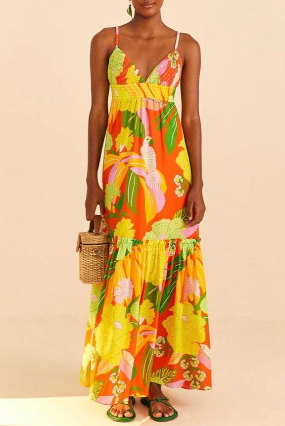 Neon Floral Red Maxi Dress
