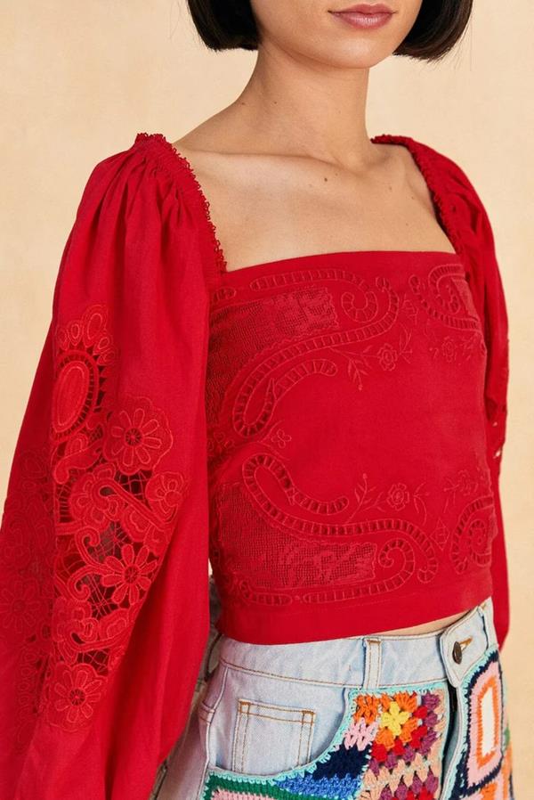 Red Lace Square Neck Blouse