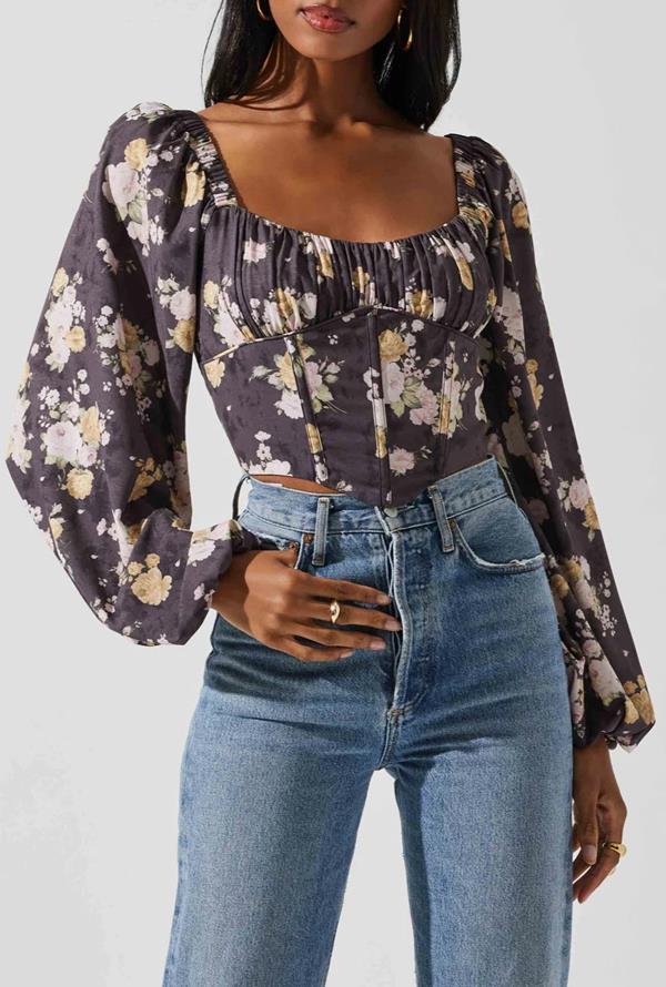 Penny Mocha Floral Shirred Square Neck Top