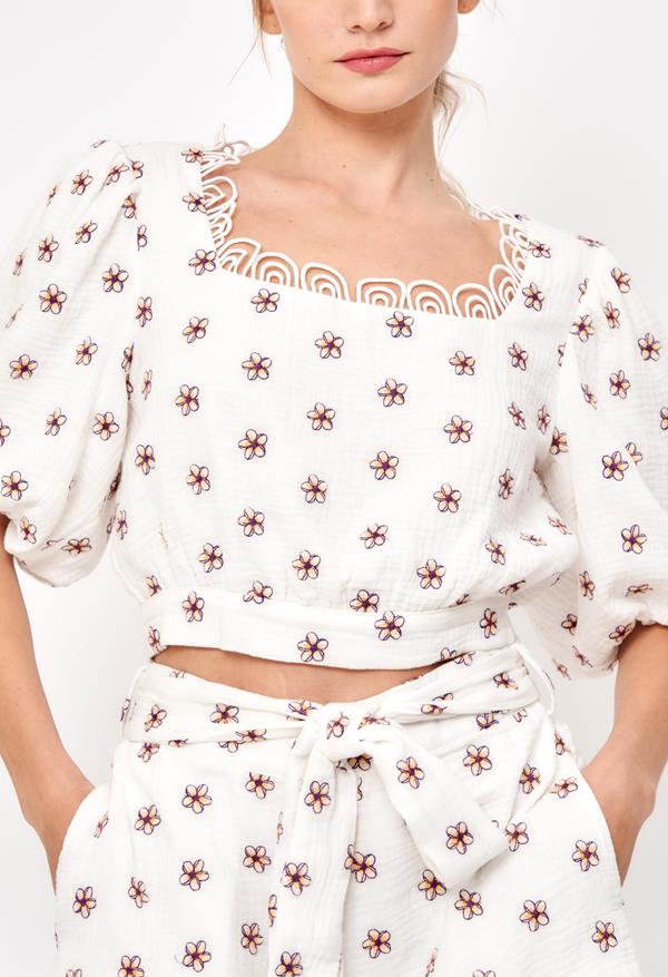 Beale Embroidered Puff Sleeve Top