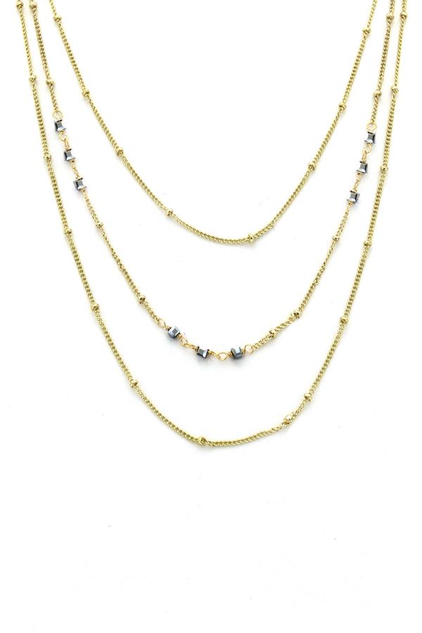 14 In 3Layer Neck Gold Chain With Sq