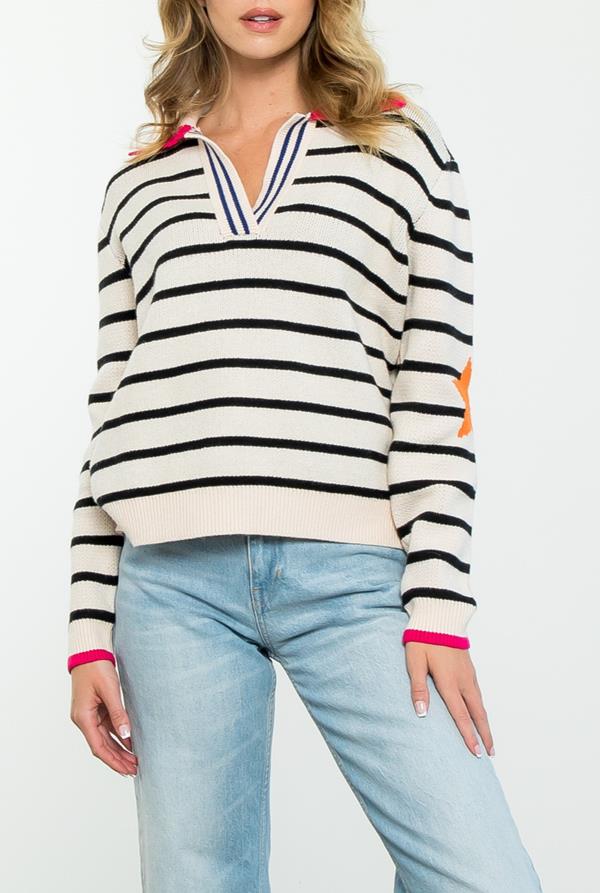 Contrast Stripe Polo Sweater