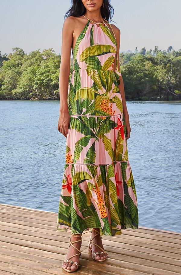 Banana Leaves Pink Sleeveless Maxi Dress