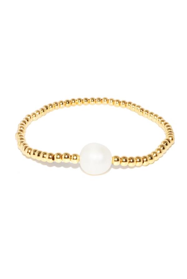 Beaded Bracelet With Single Pearl - Gold