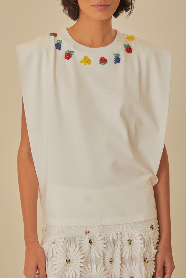 Beaded Fruits White Sleeveless T-Shirt