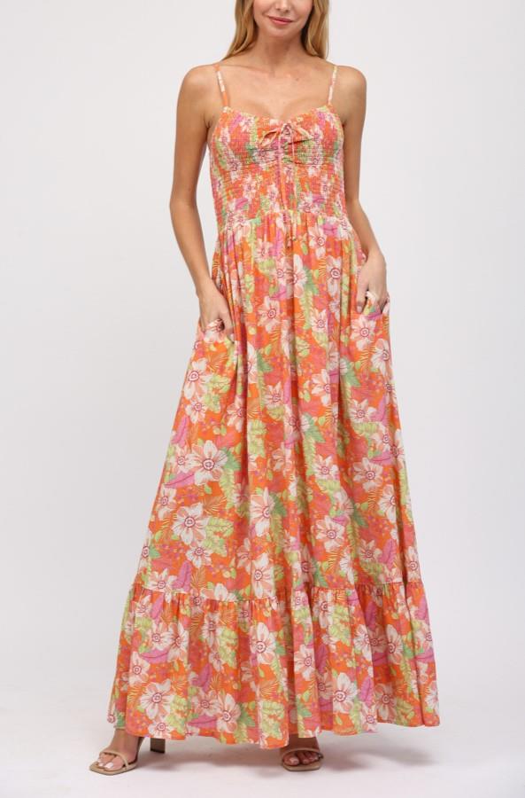 Printed Rouched Bodice Maxi Dress