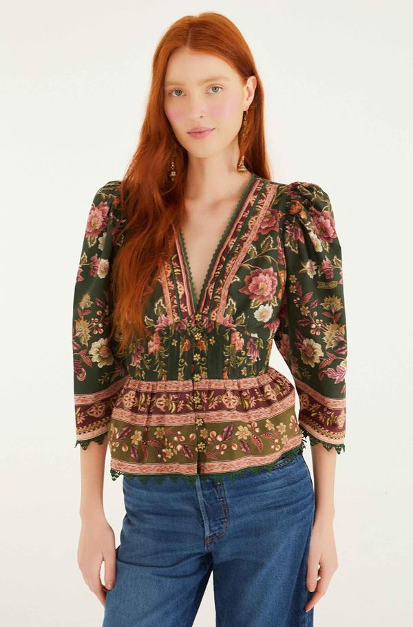 Flowering Garden Tree Green Blouse