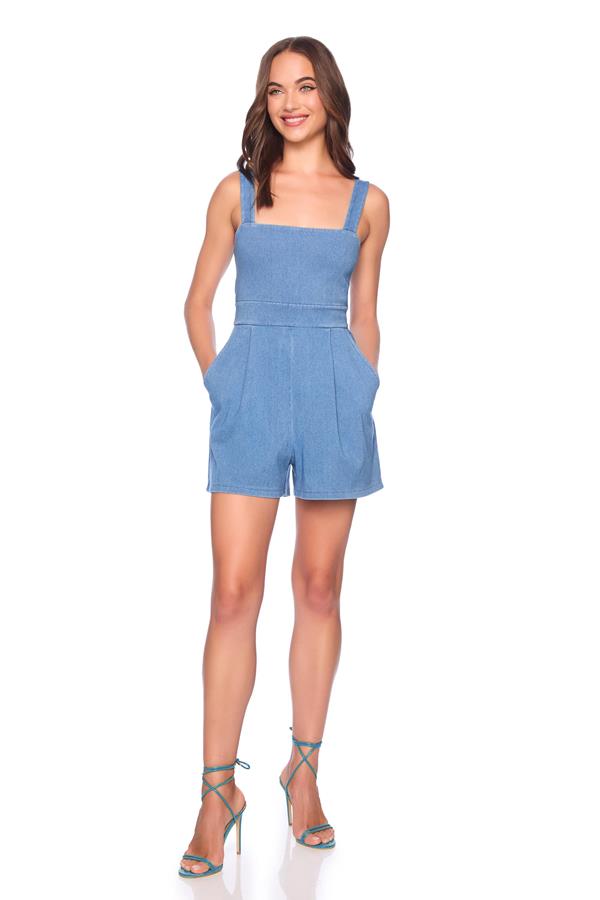 Stretch Denim Apron Romper 3 In Inseam