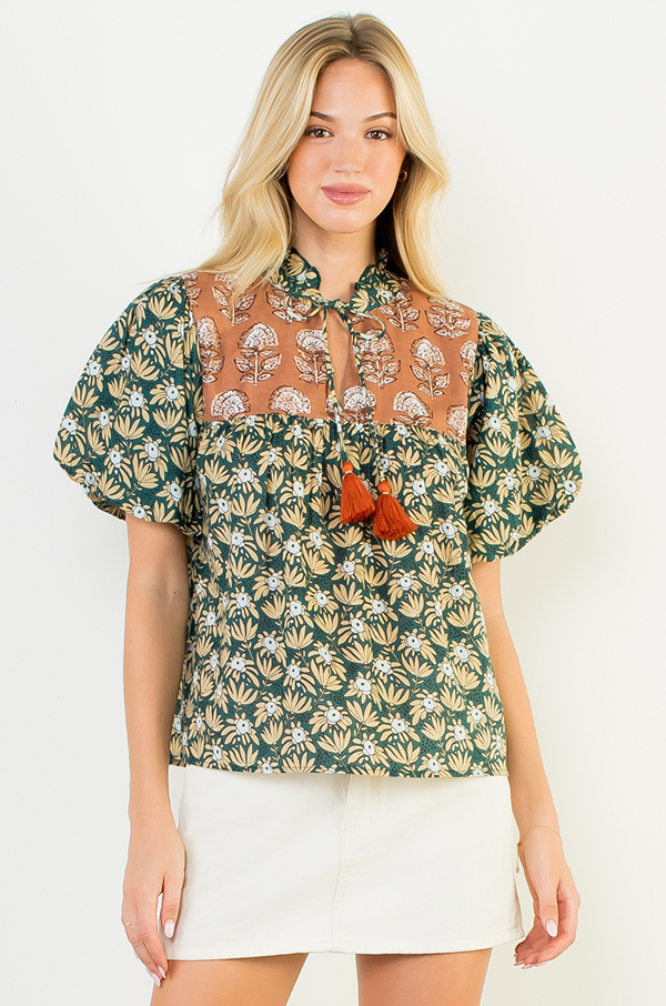 Puff Sleeve Printed Combo Blouse