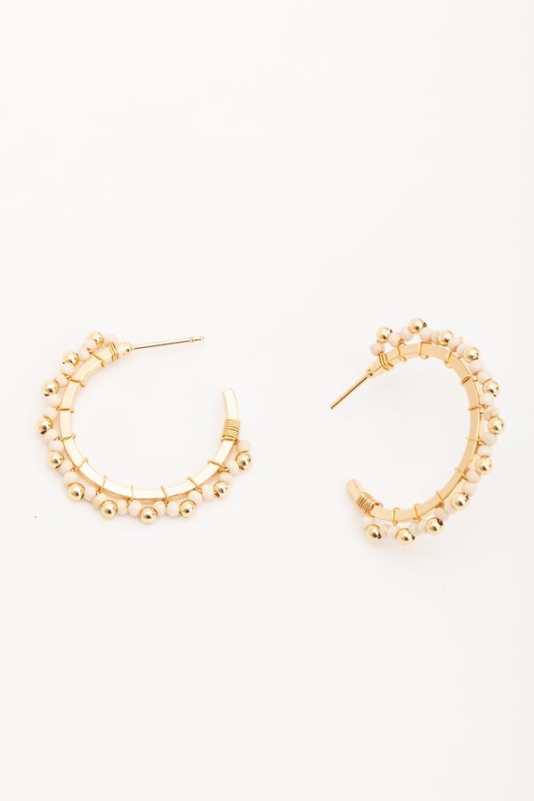 Natural & Gold Beaded Hoop Earrings