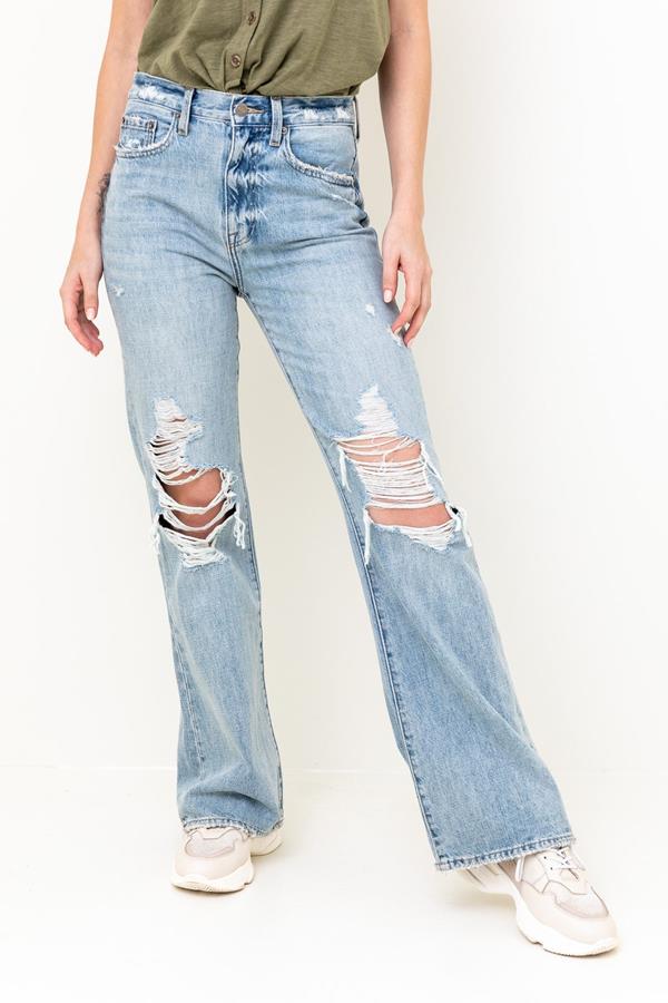 Stevie High Rise Relaxed Jean Flare Pant in Palms Distressed