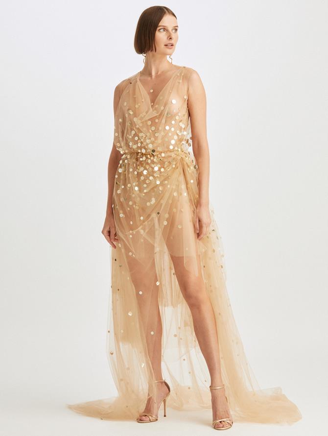 Paillette Embroidered Draped Tulle Gown