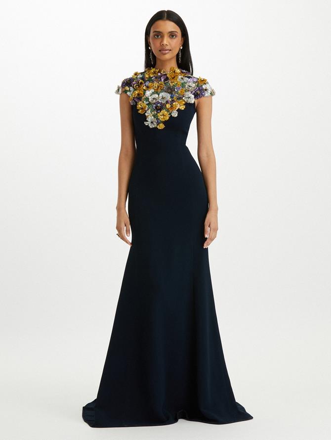 Crystal Flower Embroidered Cady Pesante Gown