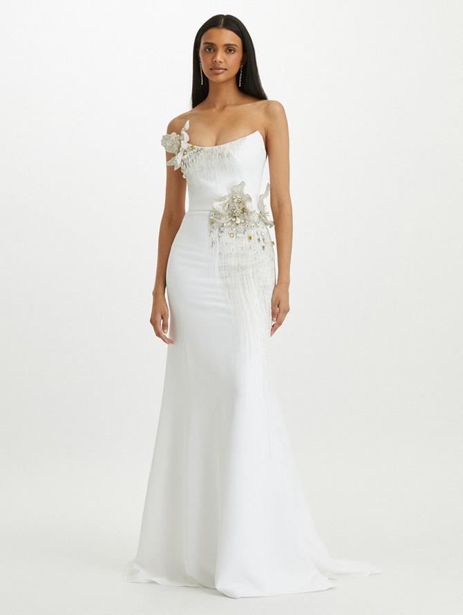 Strapless Crystal Flower Embroidered Gown