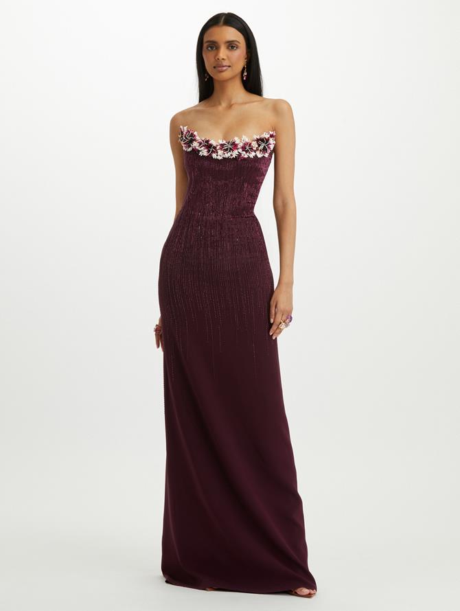 Crystal Bugle Beaded Strapless Gown