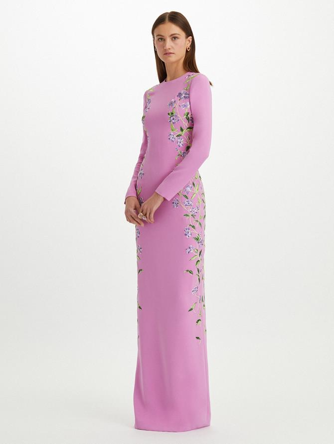 Long Sleeve Floral Threadwork Gown