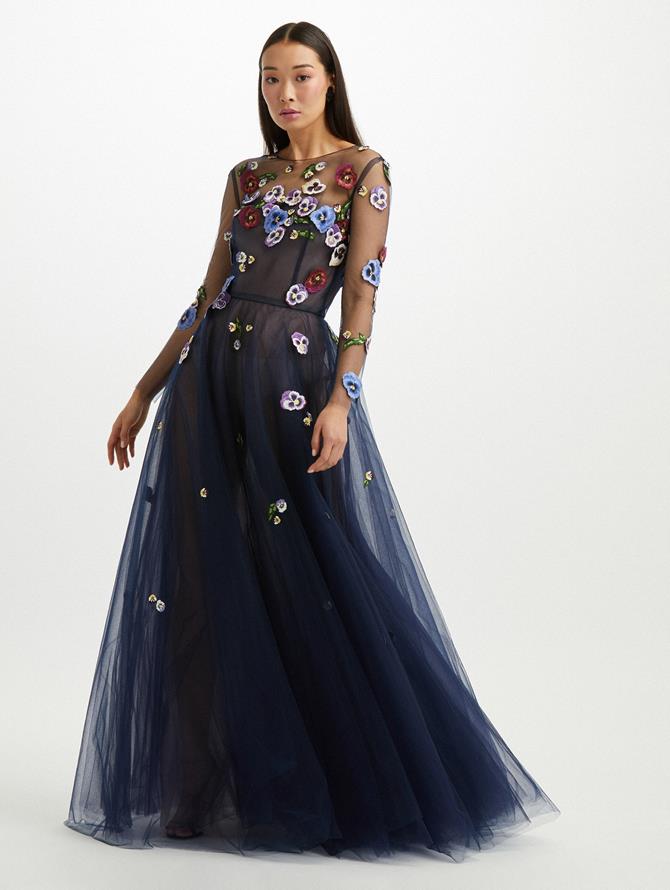 Pansy Embroidered Tulle Gown