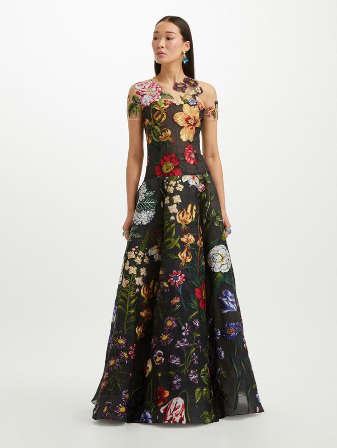 Illusion Neck Multicolor Floral Gown
