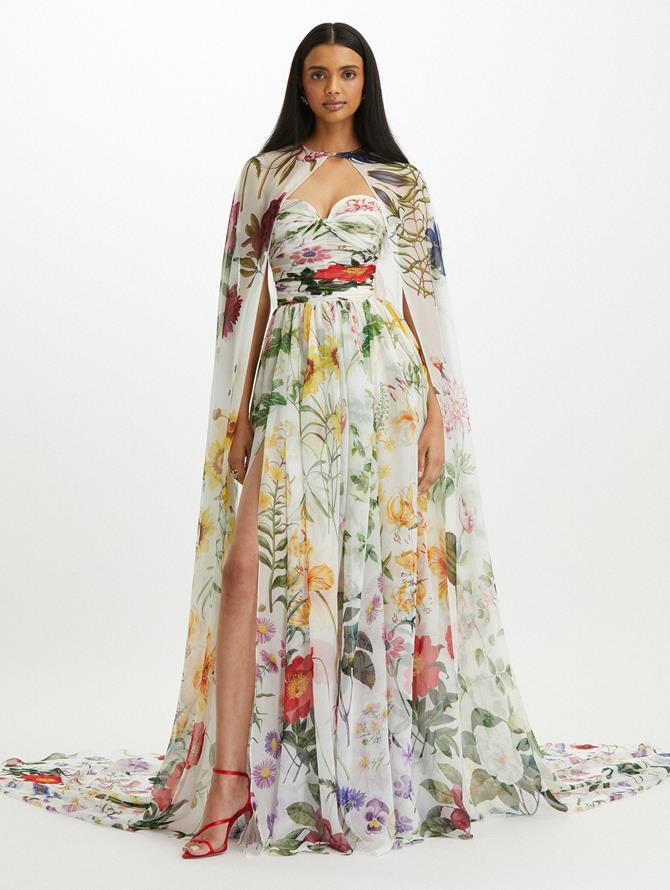 Strapless Floral Chiffon Cape Gown