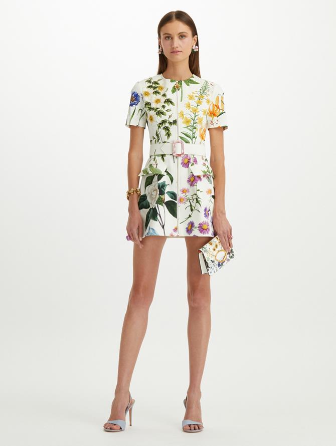 Zip Front Multicolor Floral Twill Dress