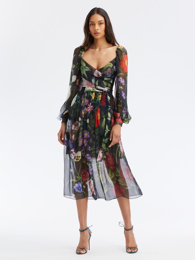 Long Sleeve Multicolor Floral Chiffon Dress