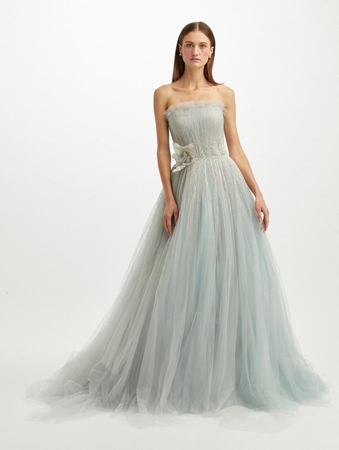 Strapless Crystal Flower Pleated Tulle Gown