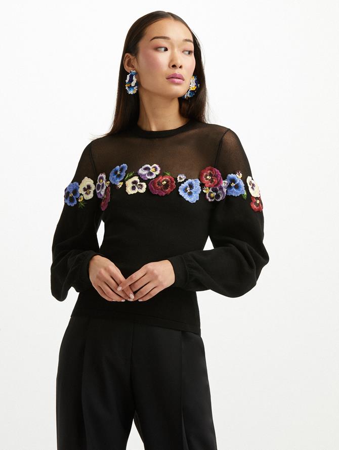 Illusion Neck Pansy Embroidered Pullover