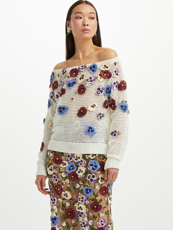 Off Shoulder Pansy Crocheted Pullover