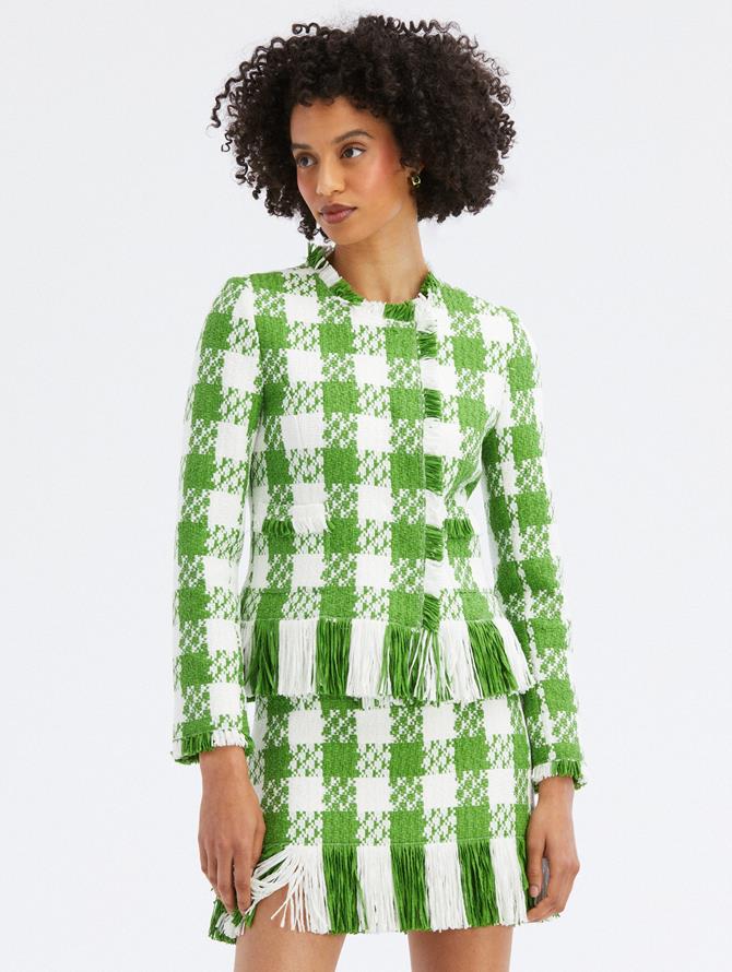 Long Sleeve Fringe Detail Checkered Tweed Jacket