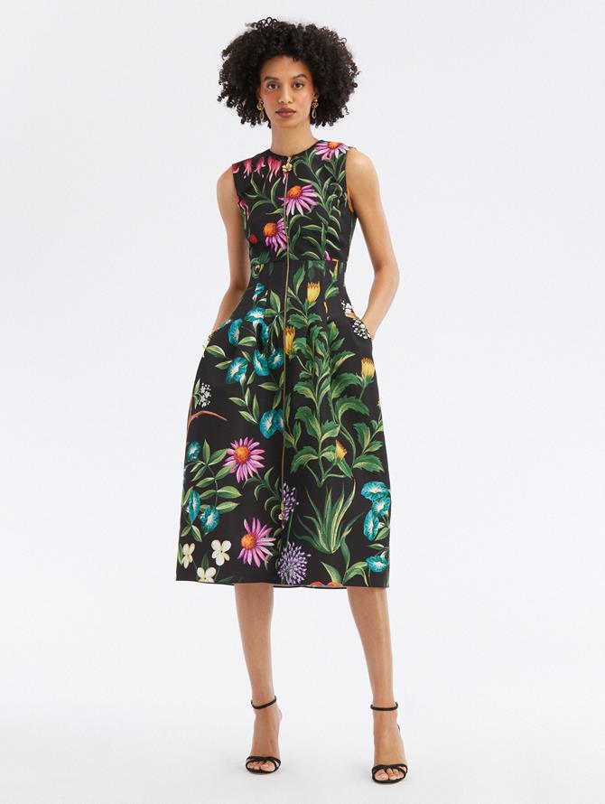 Zip Front Floral Tapestry Faille Dress