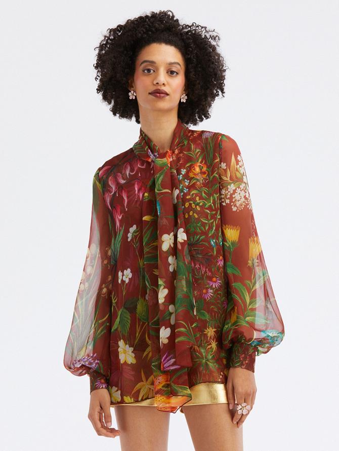 Floral Tapestry Chiffon Tie Neck Blouse
