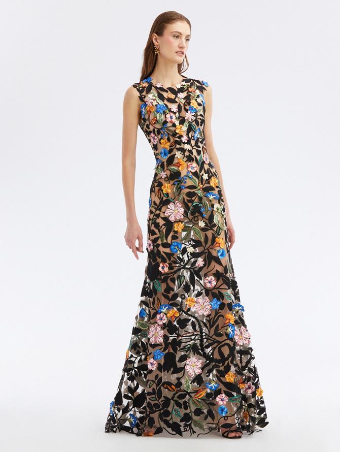 Floral & Leaf Threadwork Embroidered Gown